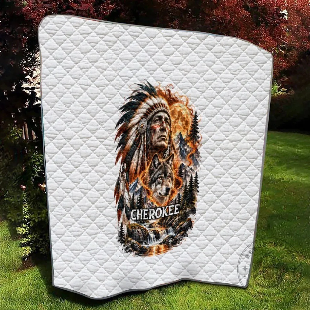 Cherokee Wolf and Native American Chief Tribal Nature Landscape Quilt 14 Cherokee Wolf and Native American Chief Tribal Nature Landscape Quilt