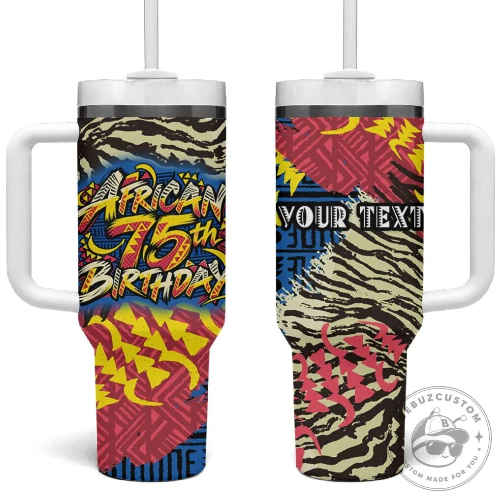 Personalized African 75th Birthday Tumbler with Handle Tribal Striped Heritage Art