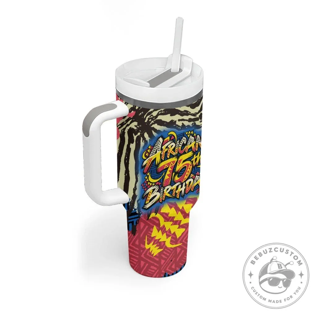 Personalized African 75th Birthday Tumbler with Handle Tribal Striped Heritage Art 11 Personalized African 75th Birthday Tumbler with Handle Tribal Striped Heritage Art