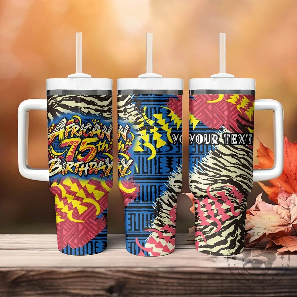 Personalized African 75th Birthday Tumbler with Handle Tribal Striped Heritage Art 12 Personalized African 75th Birthday Tumbler with Handle Tribal Striped Heritage Art