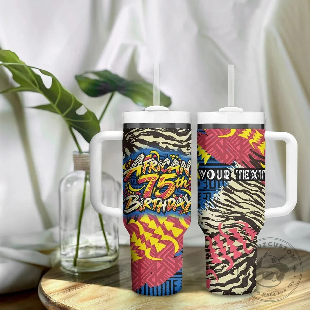 Personalized African 75th Birthday Tumbler with Handle Tribal Striped Heritage Art 15 Personalized African 75th Birthday Tumbler with Handle Tribal Striped Heritage Art