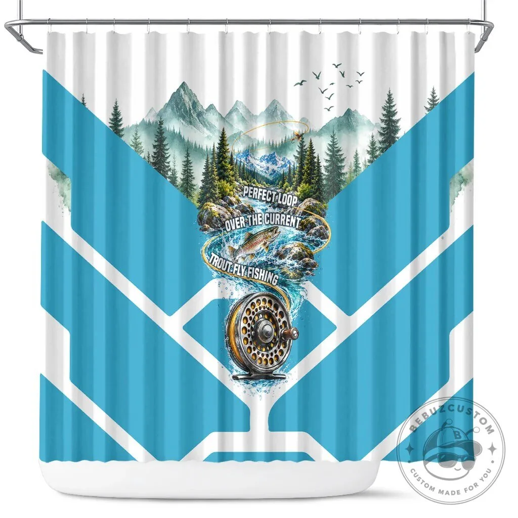Trout Fly Fishing Perfect Loop Over The Current Scenic Mountain Shower Curtain
