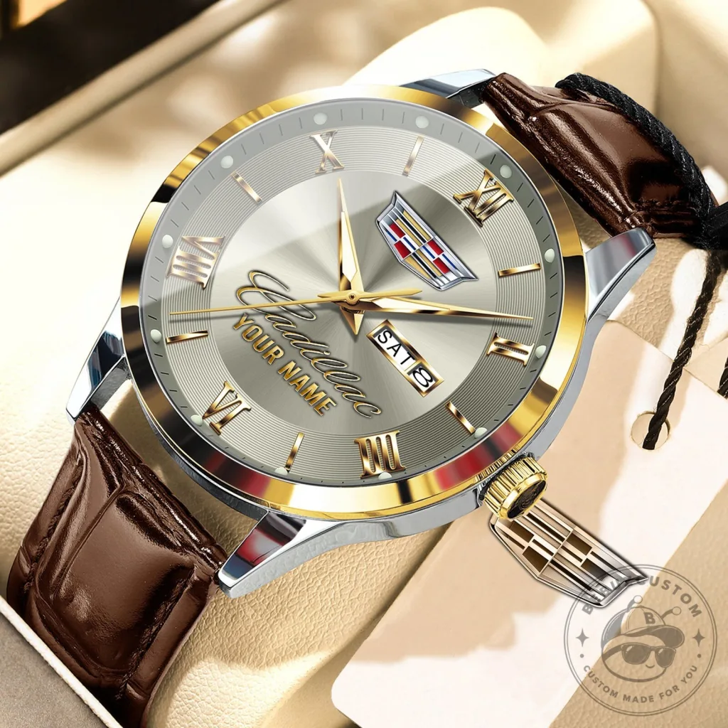 Cadillac Personalized Elegant Gold Tone Men's Leather Strap Watch
