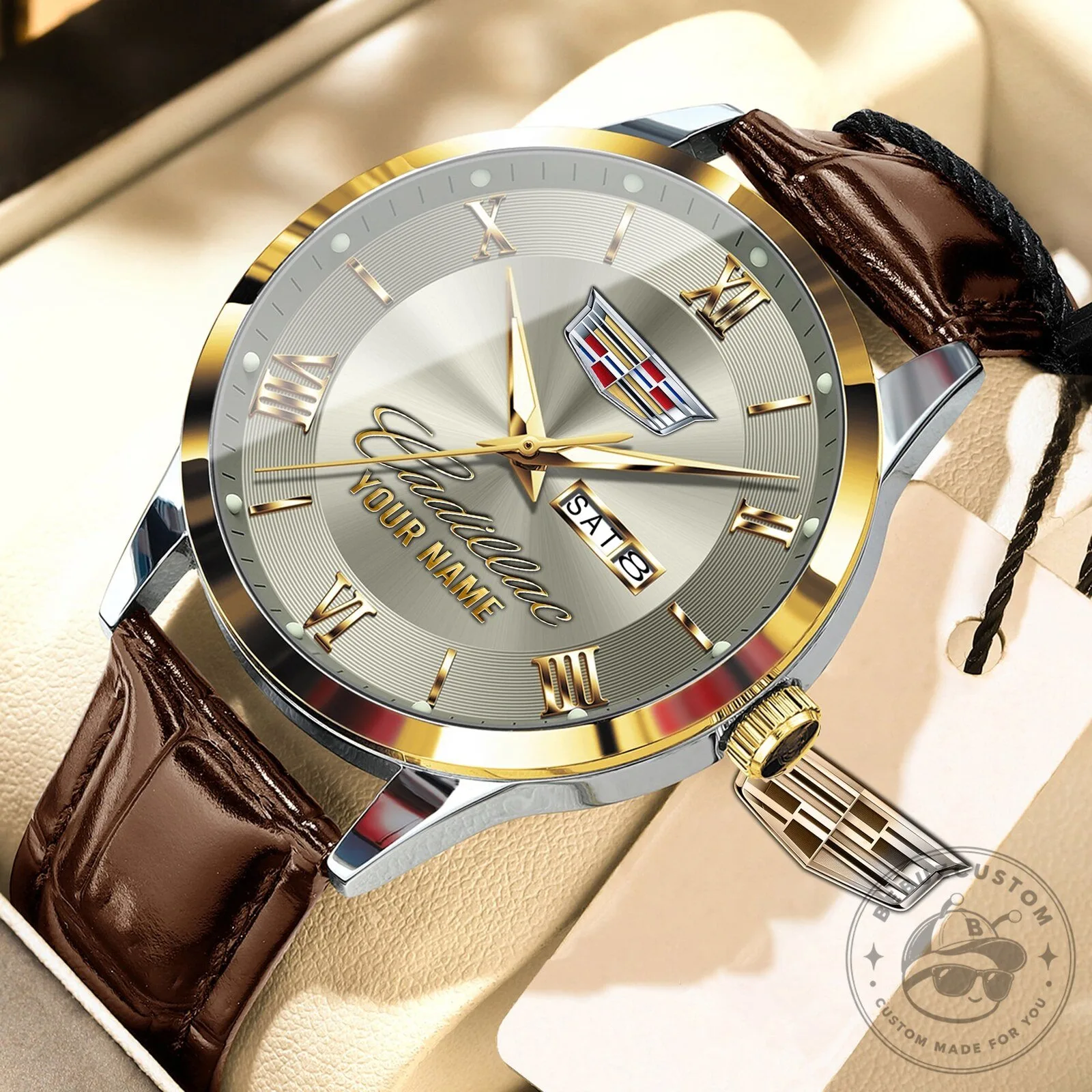 Cadillac Personalized Elegant Gold Tone Men's Leather Strap Watch