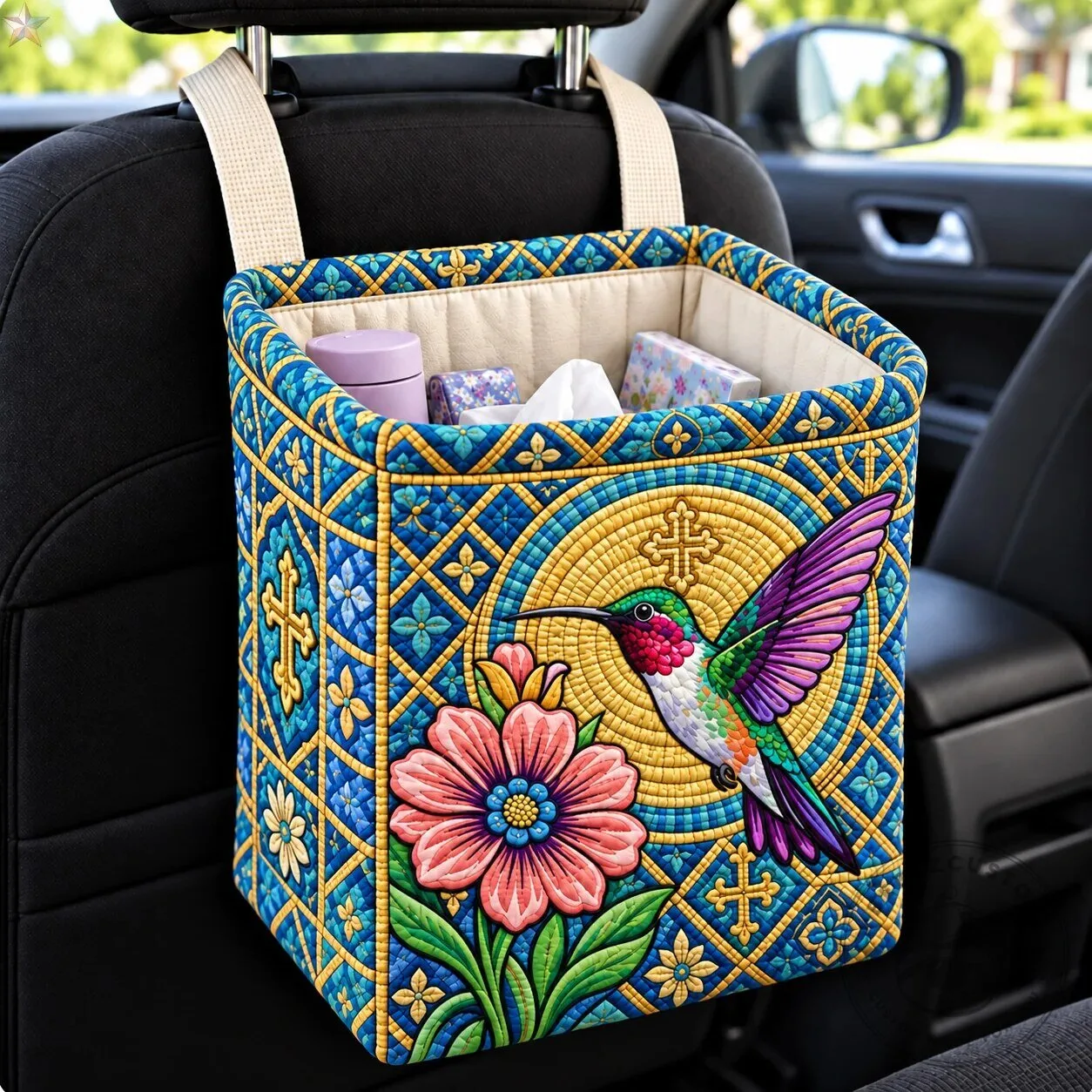 Hummingbird Divine Grace Quilted Car Storage Basket Organizer