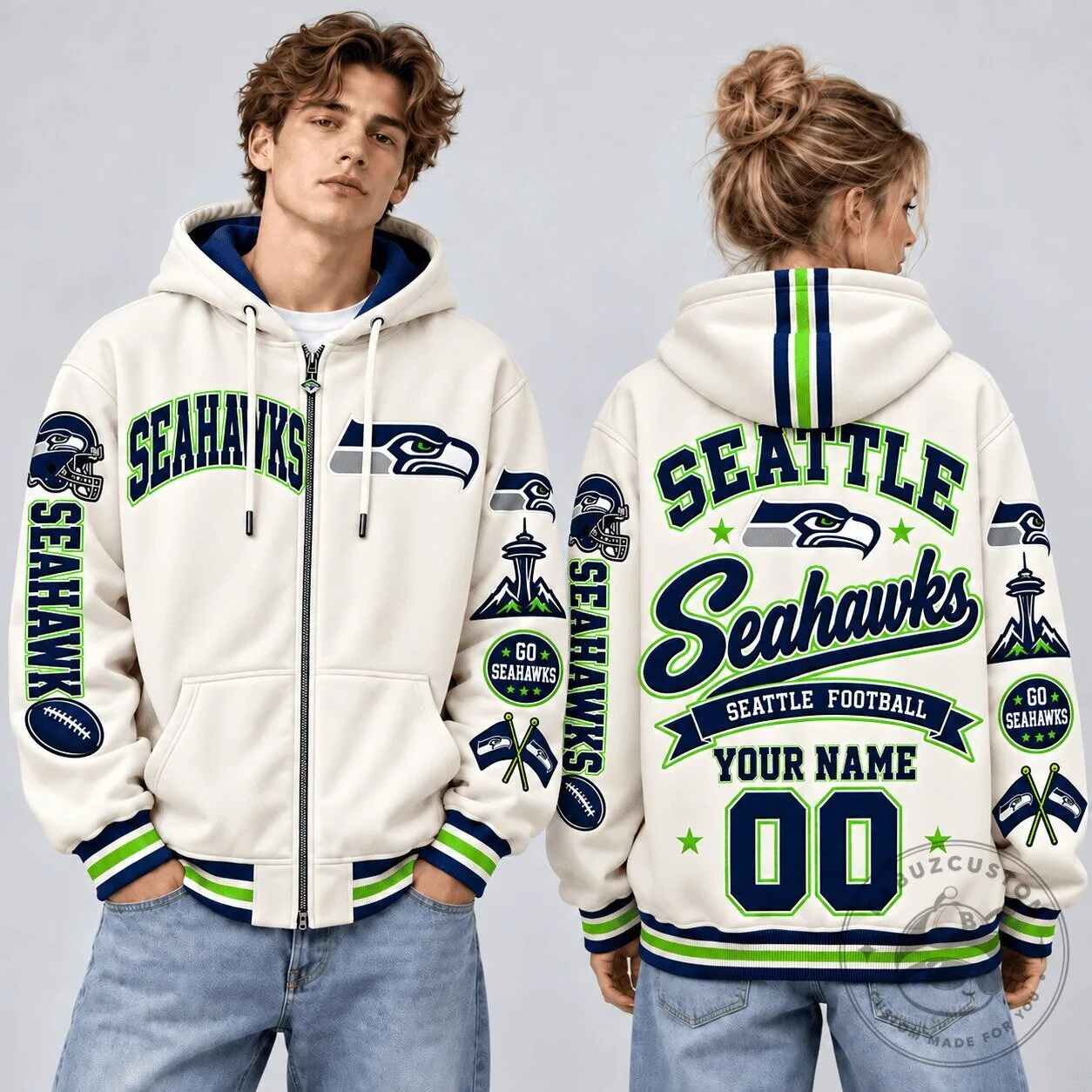 Seattle Seahawks NFL Football Personalized White Full-Zip Hoodie