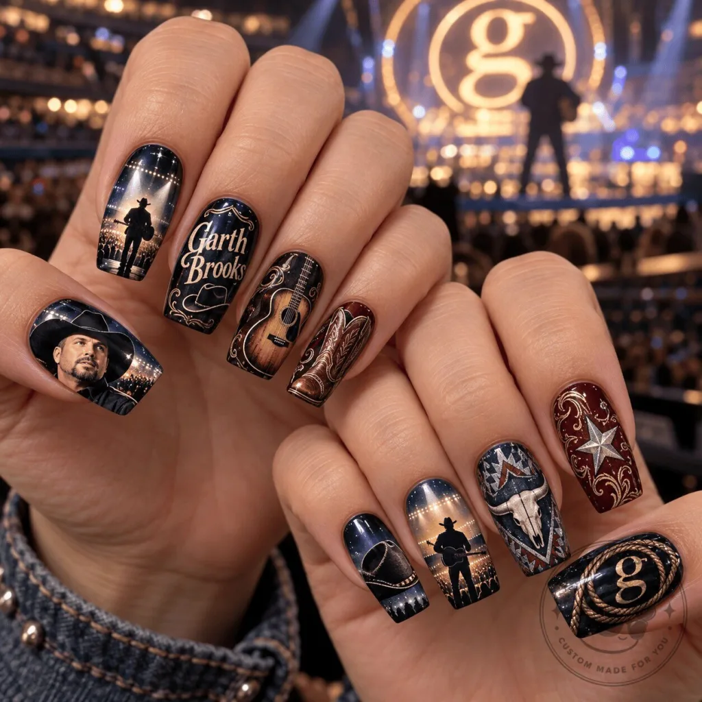Cowboy Style Press-On Nails Set Inspired by Garth Brooks - Country Music Theme Cowboy Style Press-On Nails Set Inspired by Garth Brooks - Country Music Theme