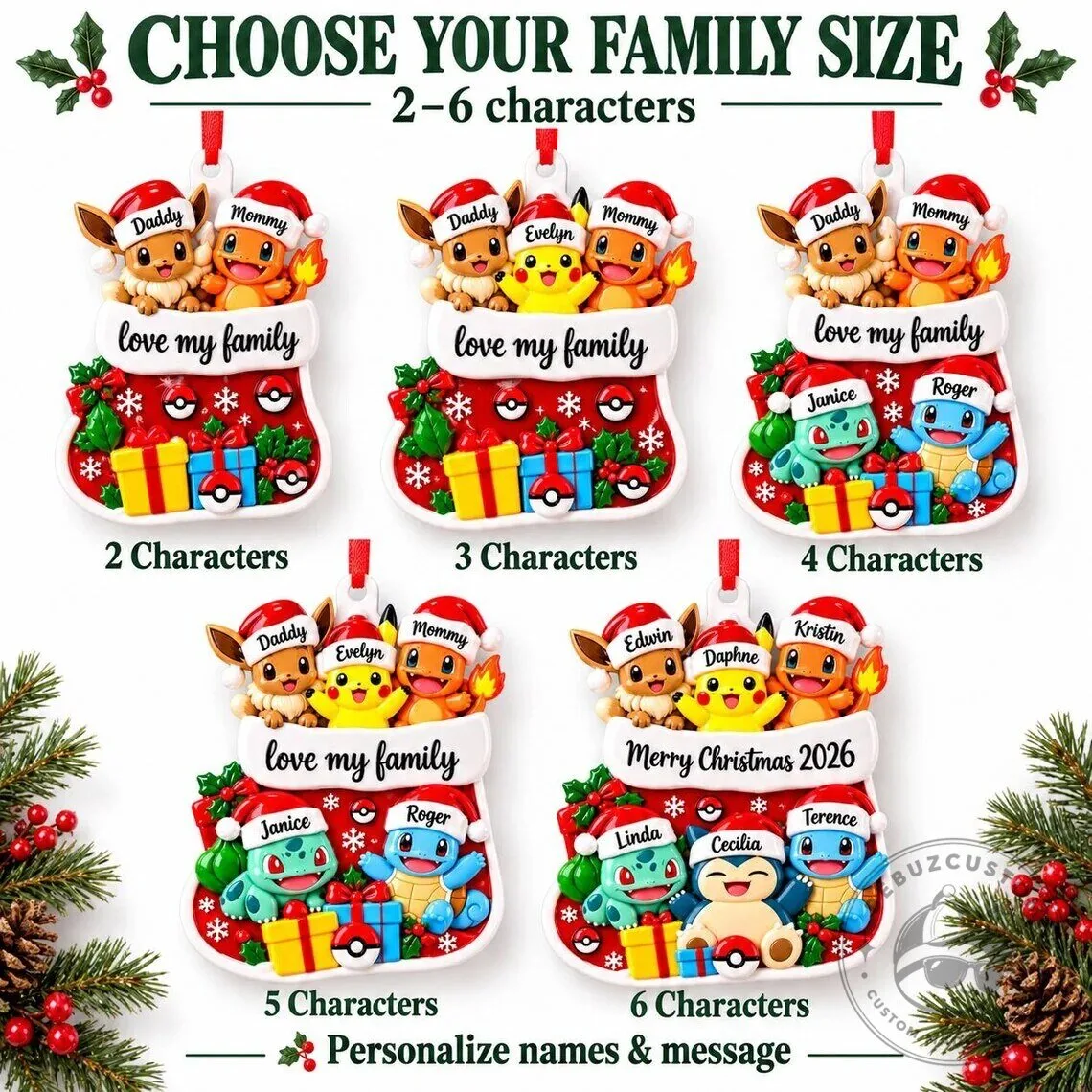 Personalized Pokemon Family Christmas Stocking Holiday Tree Ornament 10 Personalized Pokemon Family Christmas Stocking Holiday Tree Ornament