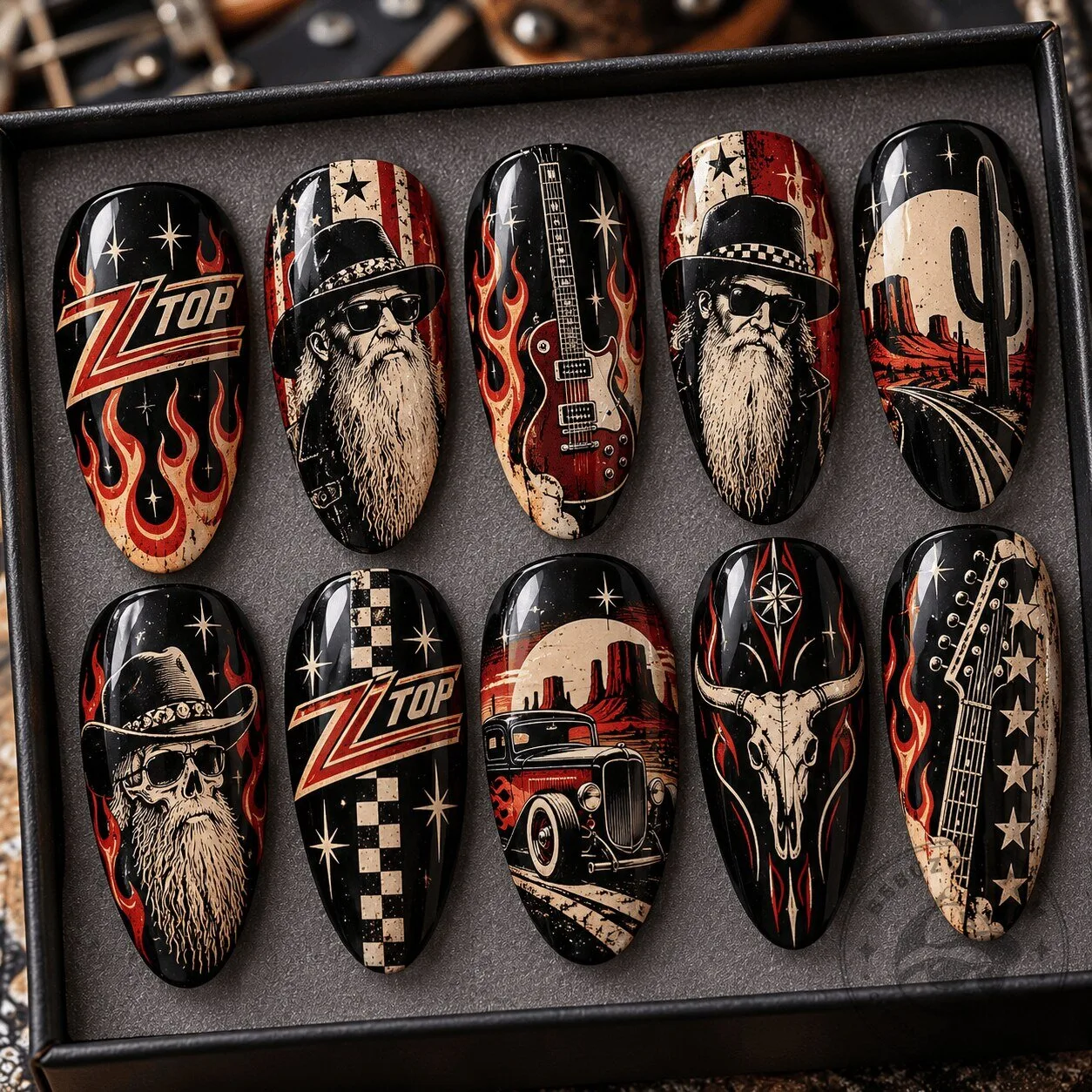 ZZ Top Band Bearded Portraits and Hot Rod Flames Press On Nails Set