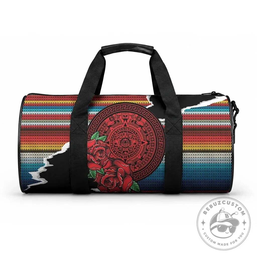 Mexican Aztec Calendar Sun Stone Duffle Bag with Red Roses and Poncho Pattern