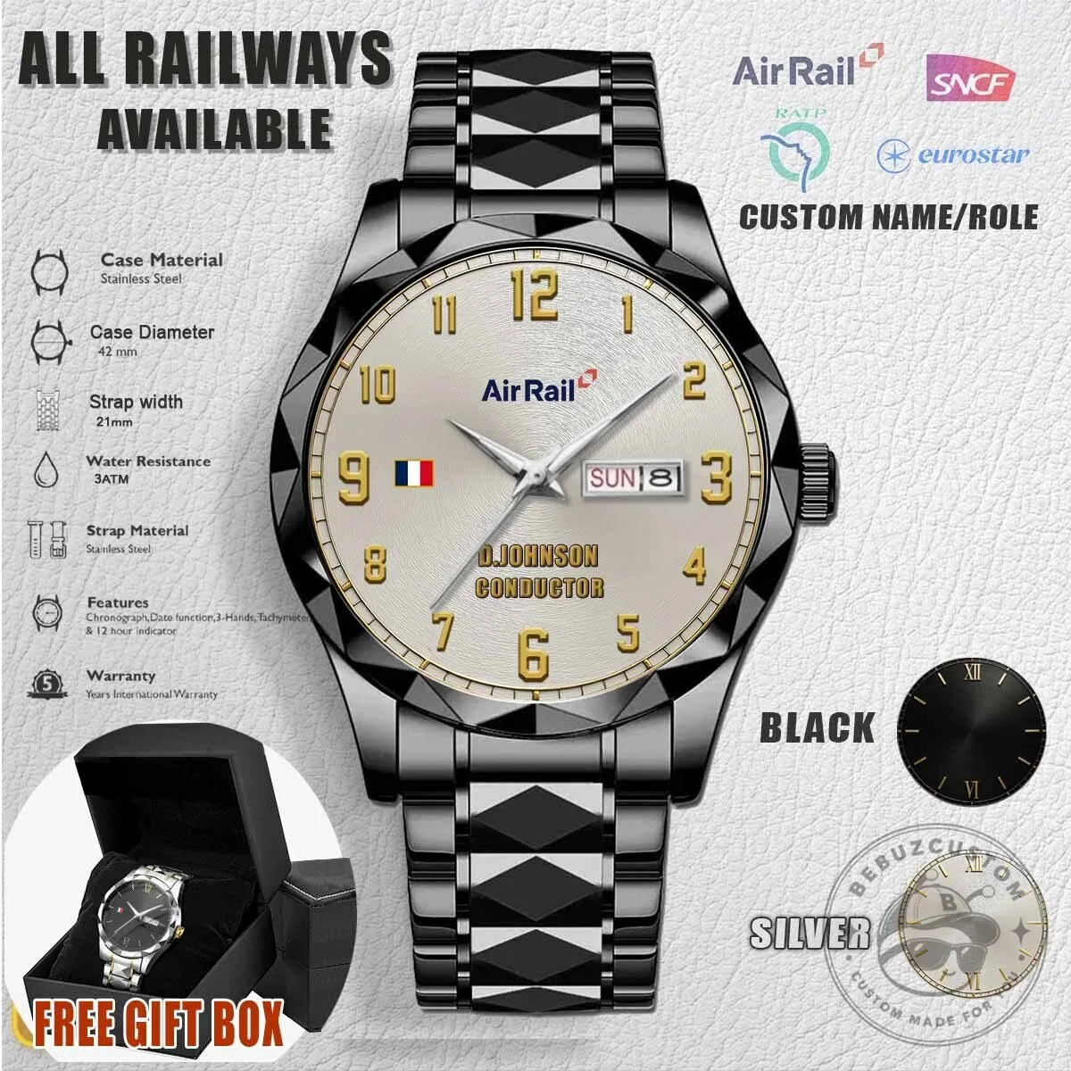 Air Rail Custom Name Conductor Stainless Steel Black Wrist Watch 8 Air Rail Custom Name Conductor Stainless Steel Black Wrist Watch