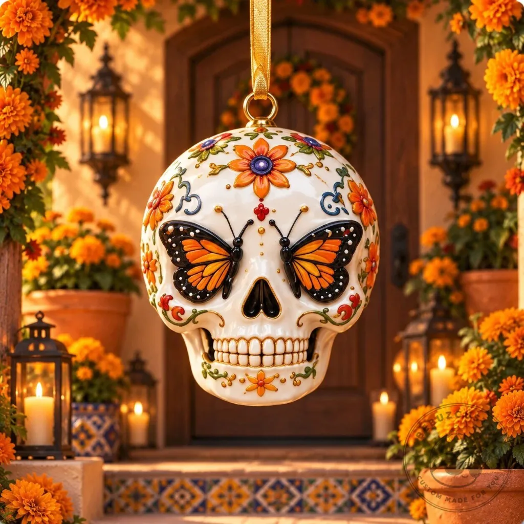 Monarch Butterfly Sugar Skull Day of the Dead Floral Decorative Ornament Monarch Butterfly Sugar Skull Day of the Dead Floral Decorative Ornament