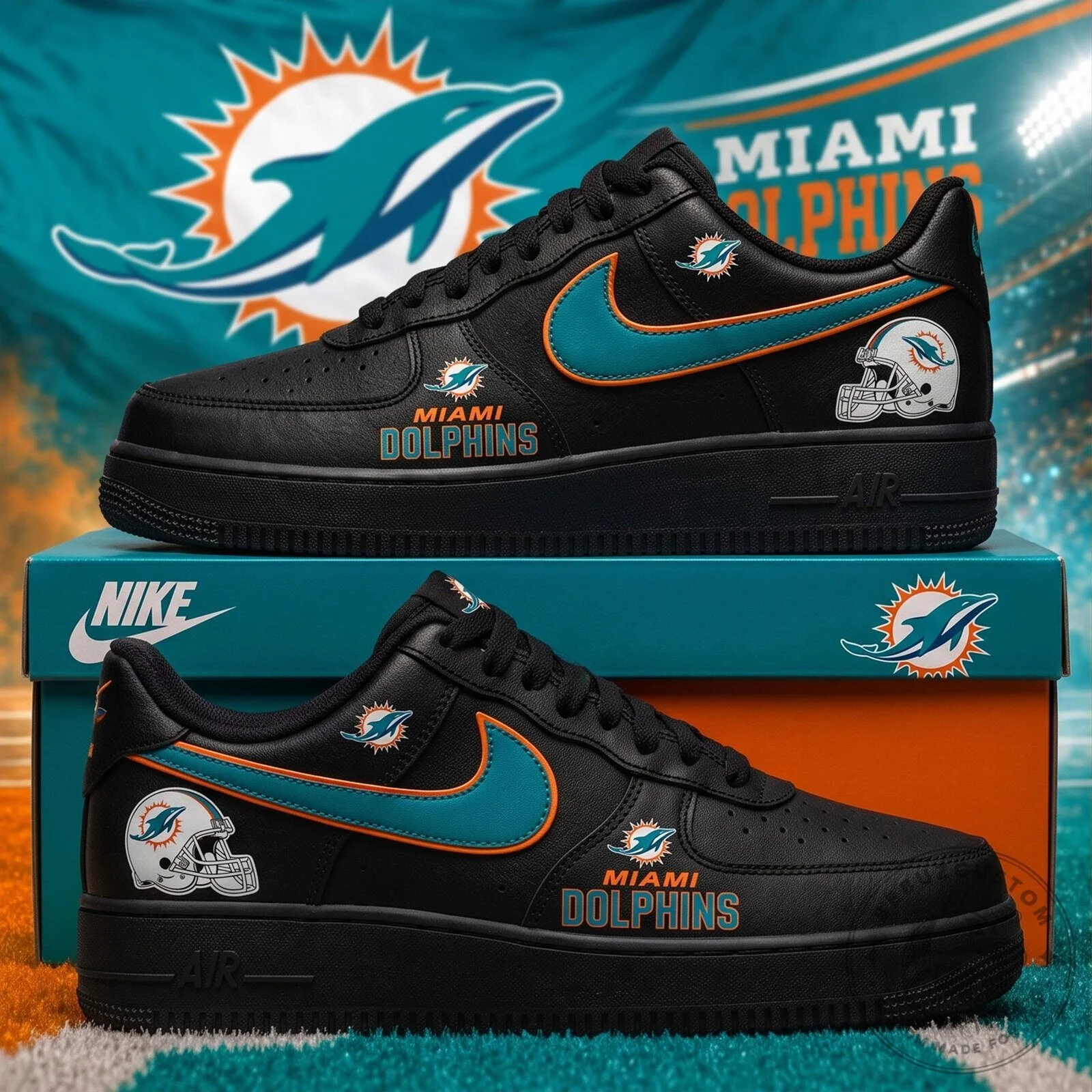 Miami Dolphins NFL Black Air Force 1 Style Custom Shoes