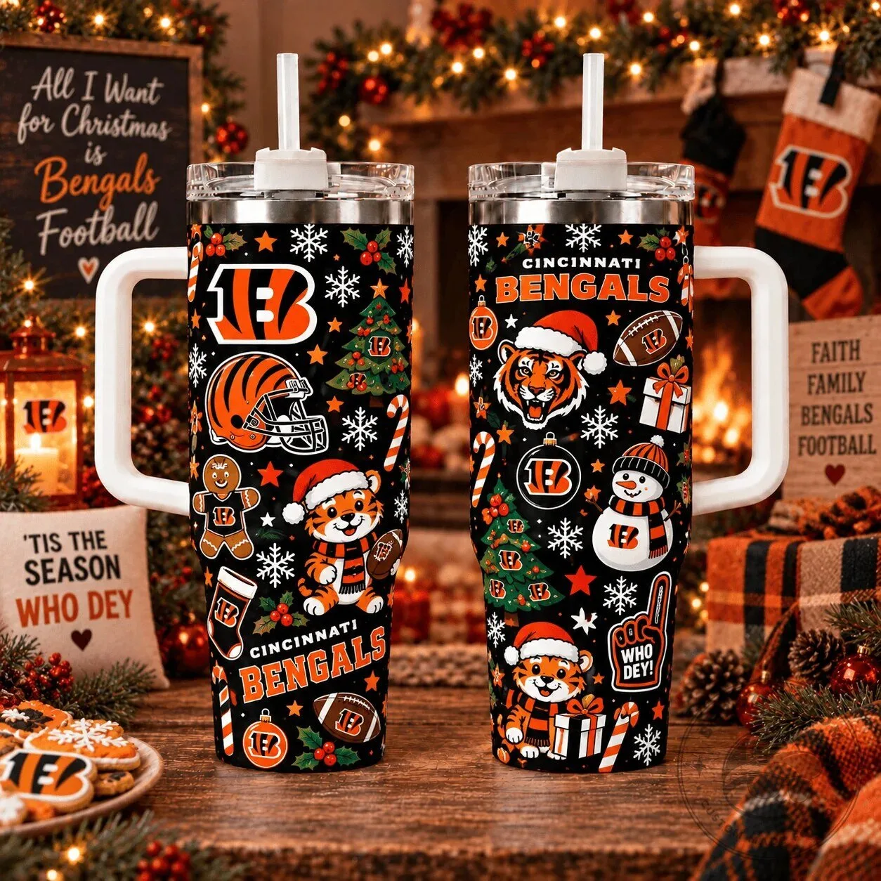 Cincinnati Bengals Christmas Football Team Holiday Tumbler with Handle
