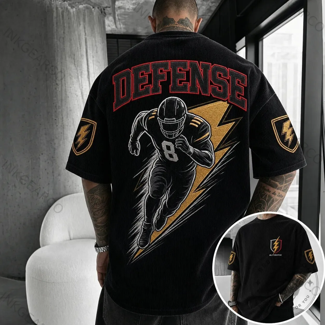 American Football Player Defense Graphic Oversized Corduroy Short Sleeve T-Shirt