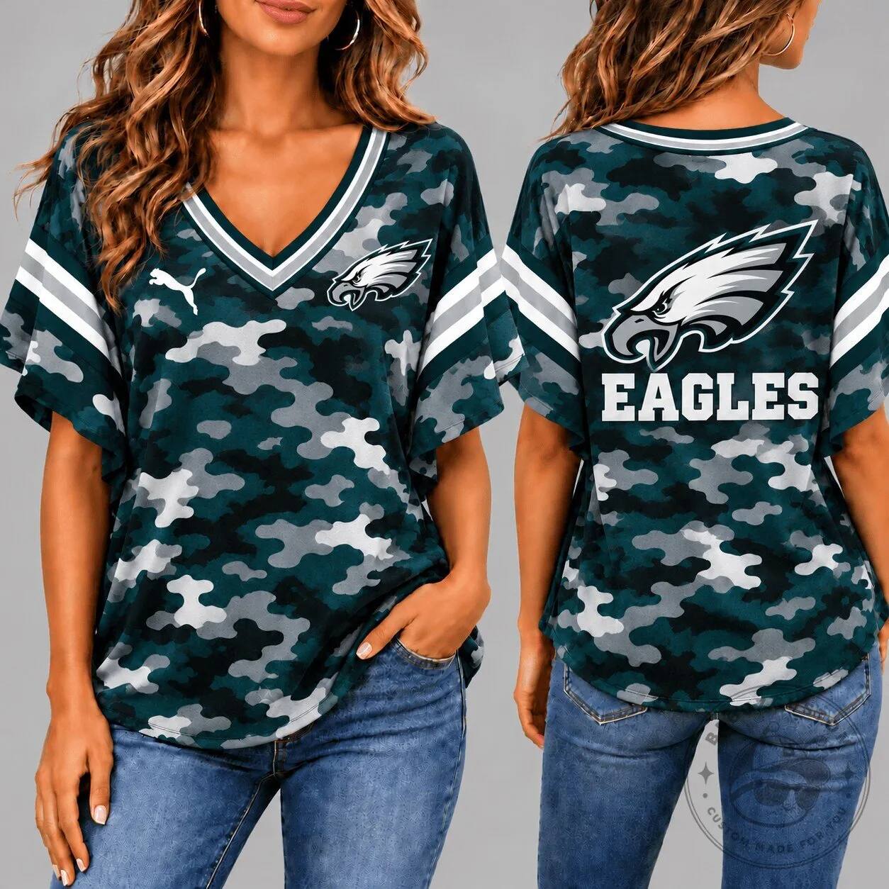Philadelphia Eagles Camouflage Pattern Women's V-Neck Short Sleeve T-Shirt 1 Philadelphia Eagles Camouflage Pattern Women's V-Neck Short Sleeve T-Shirt