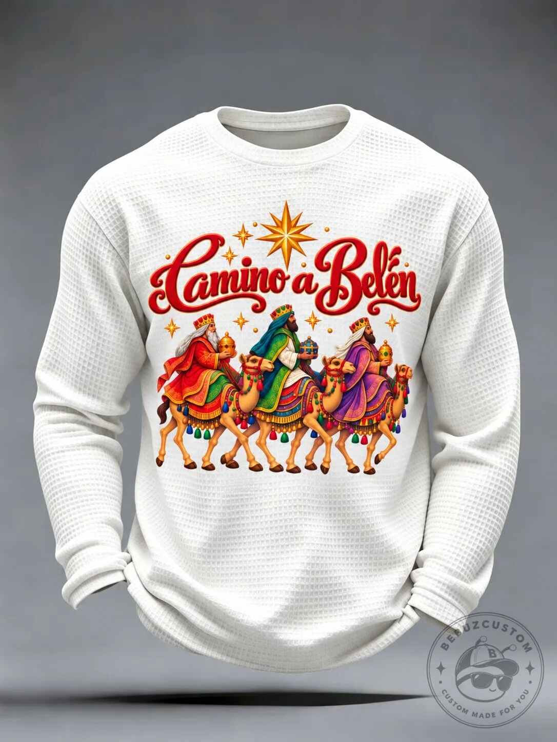 Three Wise Men Camino a Belen Christmas Holiday Long-Sleeve Waffle Knit Shirt