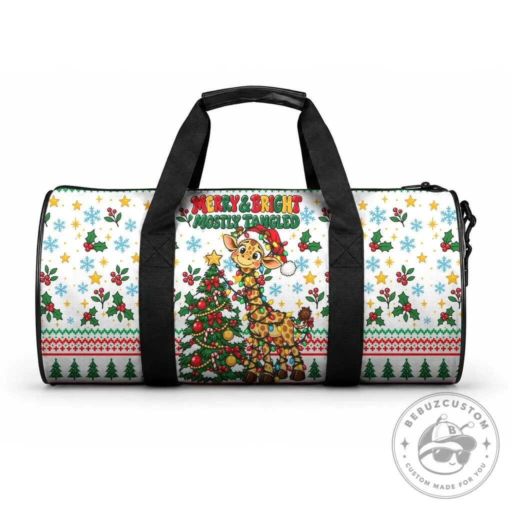 Cute Christmas Giraffe Merry and Bright Mostly Tangled Holiday Duffle Bag