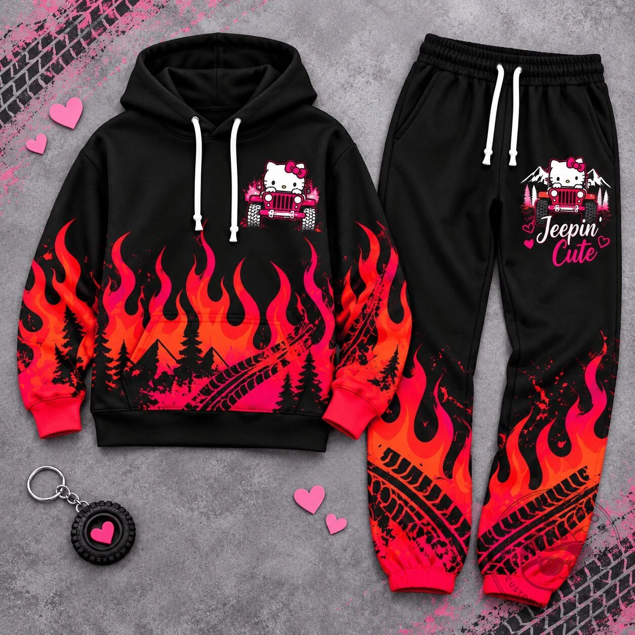 Hello Kitty Jeep Red Flames Black Hoodie for Women, Girls, and Kids