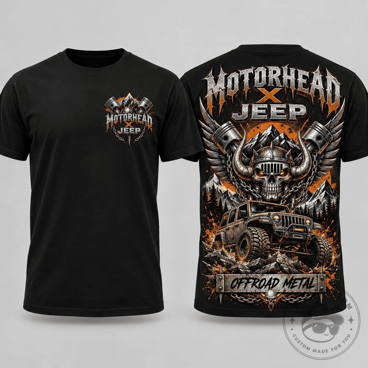 Motorhead Jeep Offroad Metal Skull and Engine Pistons Graphic T-Shirt