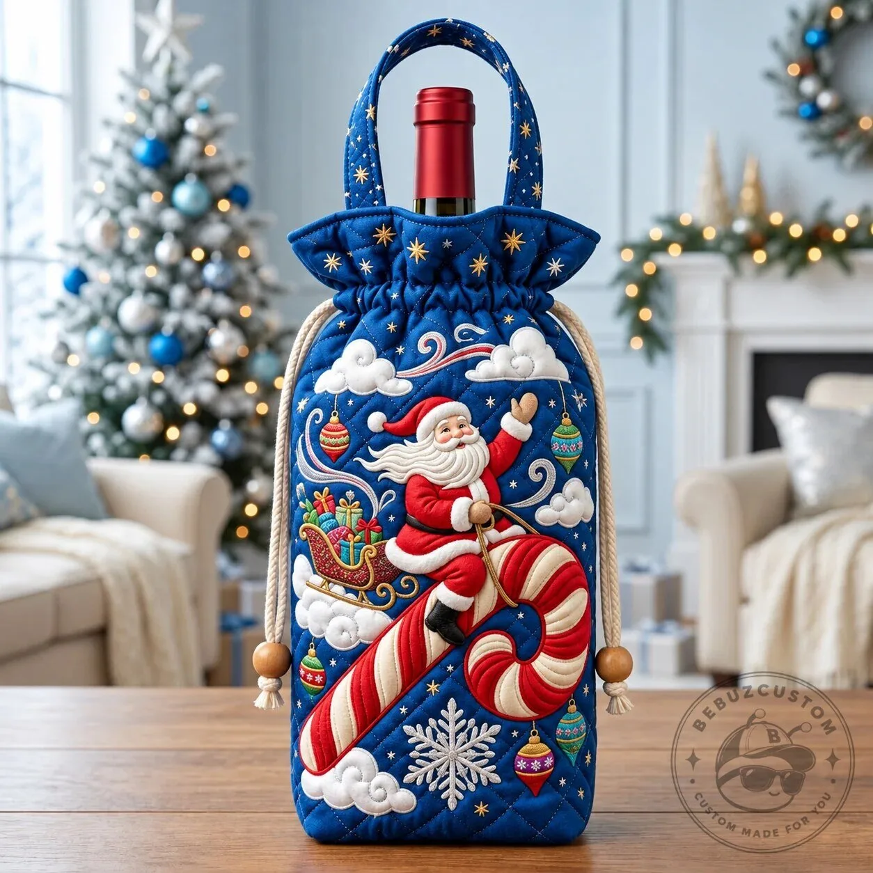 Santa Claus Riding Candy Cane Christmas Quilted Wine Bottle Bag 4 Santa Claus Riding Candy Cane Christmas Quilted Wine Bottle Bag