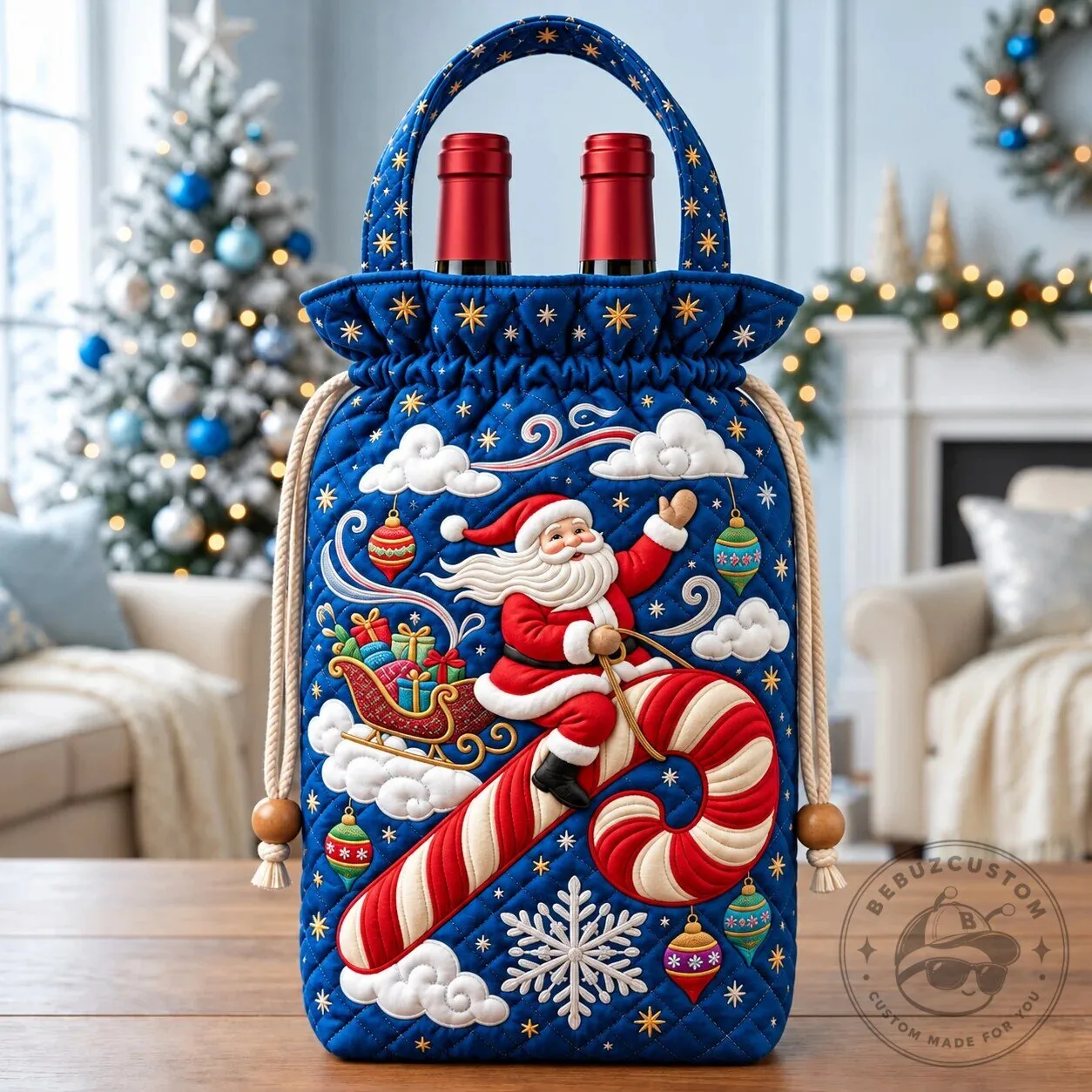 Santa Claus Riding Candy Cane Christmas Quilted Wine Bottle Bag 8 Santa Claus Riding Candy Cane Christmas Quilted Wine Bottle Bag
