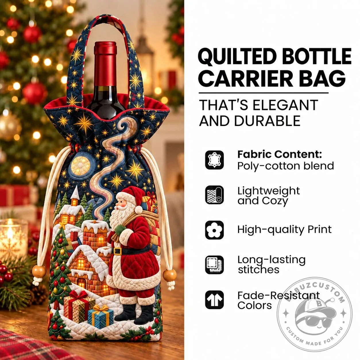 Santa Claus Riding Candy Cane Christmas Quilted Wine Bottle Bag 10 Santa Claus Riding Candy Cane Christmas Quilted Wine Bottle Bag