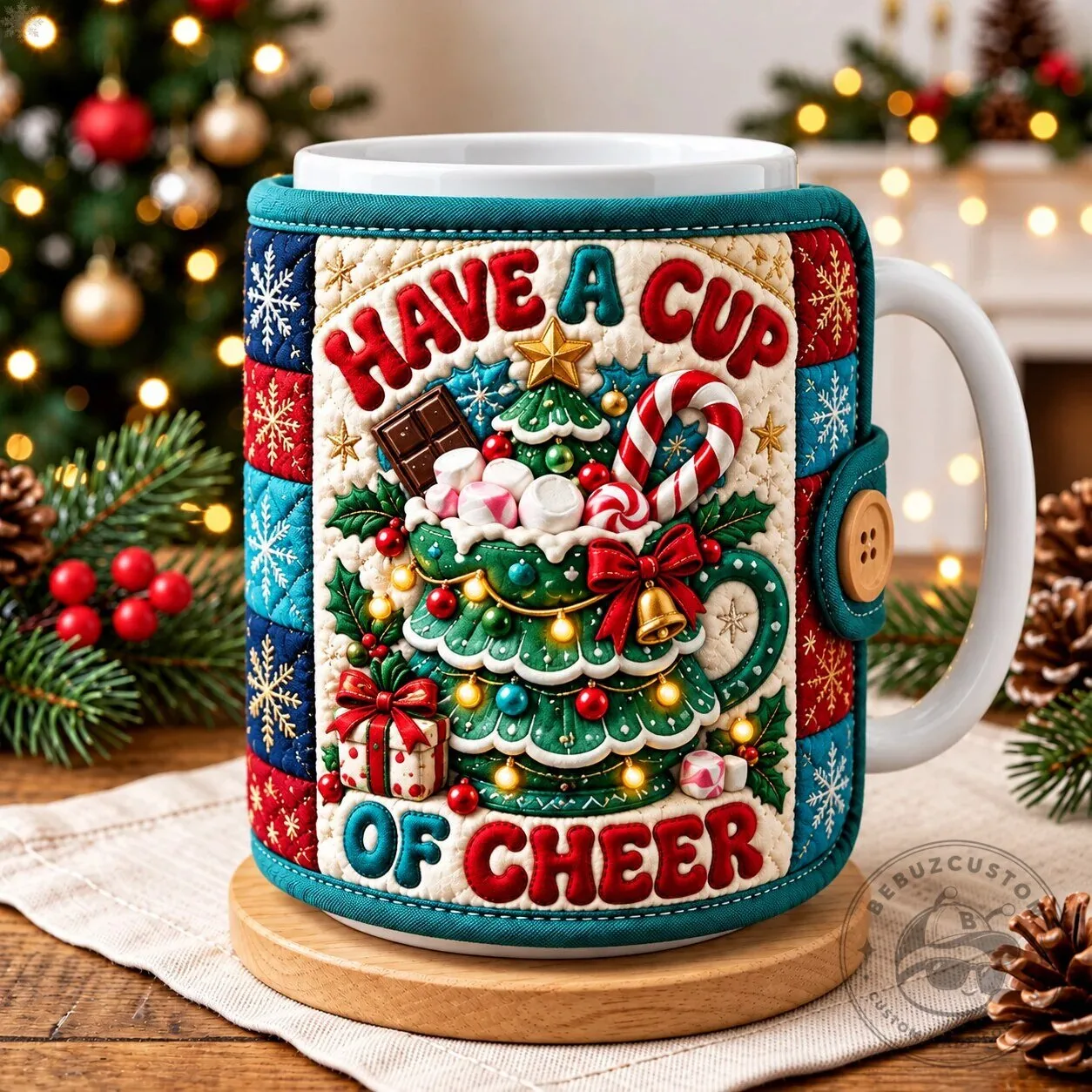 Christmas Have A Cup Of Cheer Quilted Mug Cozy Sleeve
