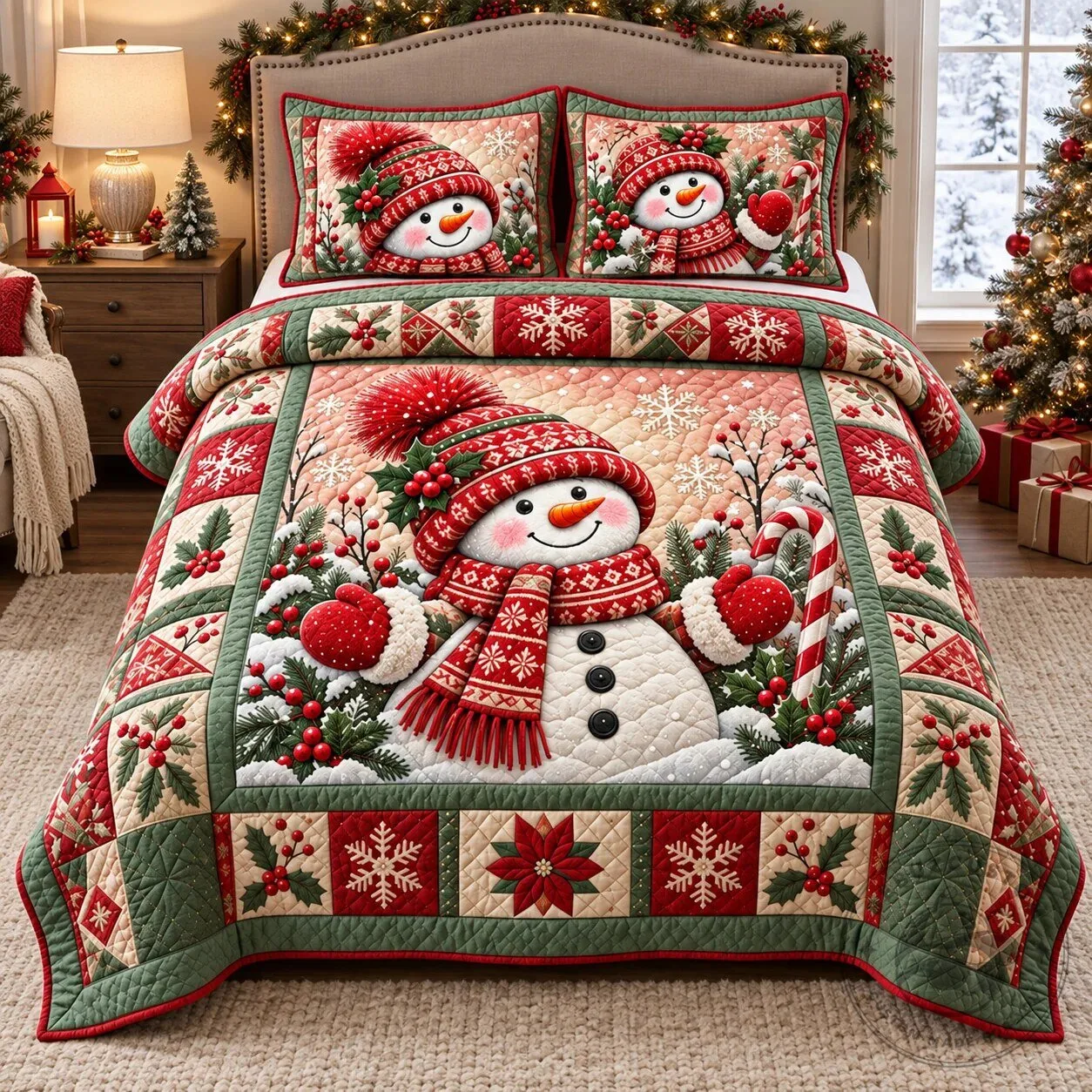 Christmas Snowman Winter Wonderland Quilted Bedding Set