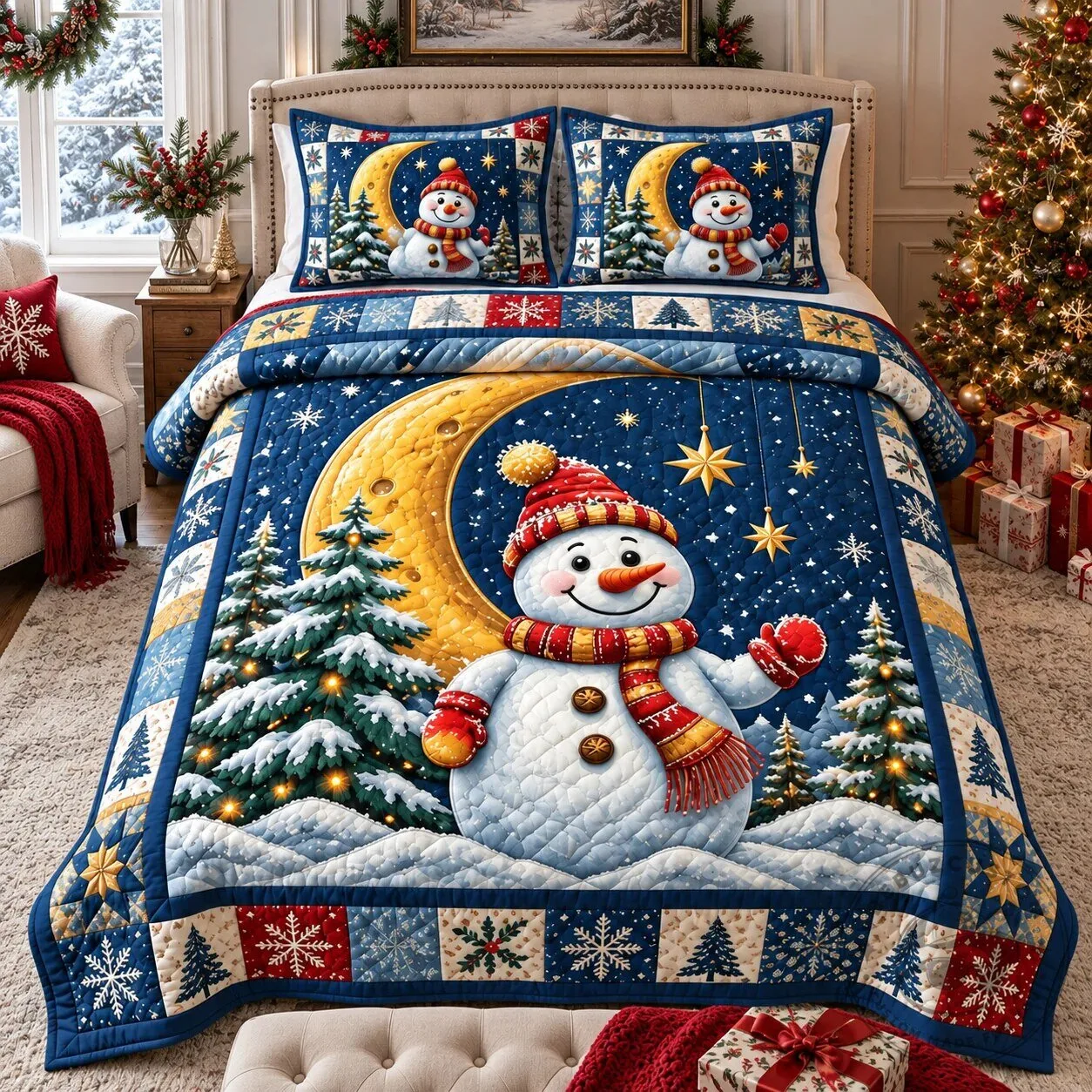 Snowman Winter Moonlight Christmas Quilted Bedding Set with Pillow Shams 7 Snowman Winter Moonlight Christmas Quilted Bedding Set with Pillow Shams