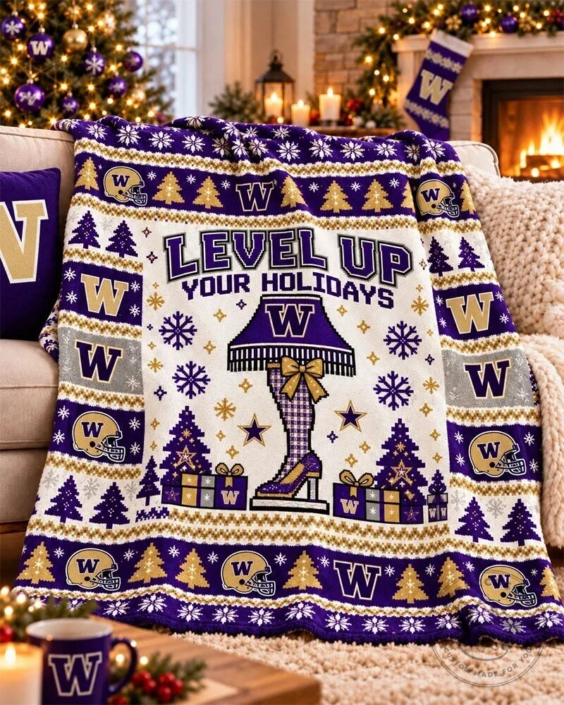 Washington Huskies Level Up Your Holidays Christmas Flannel Blanket