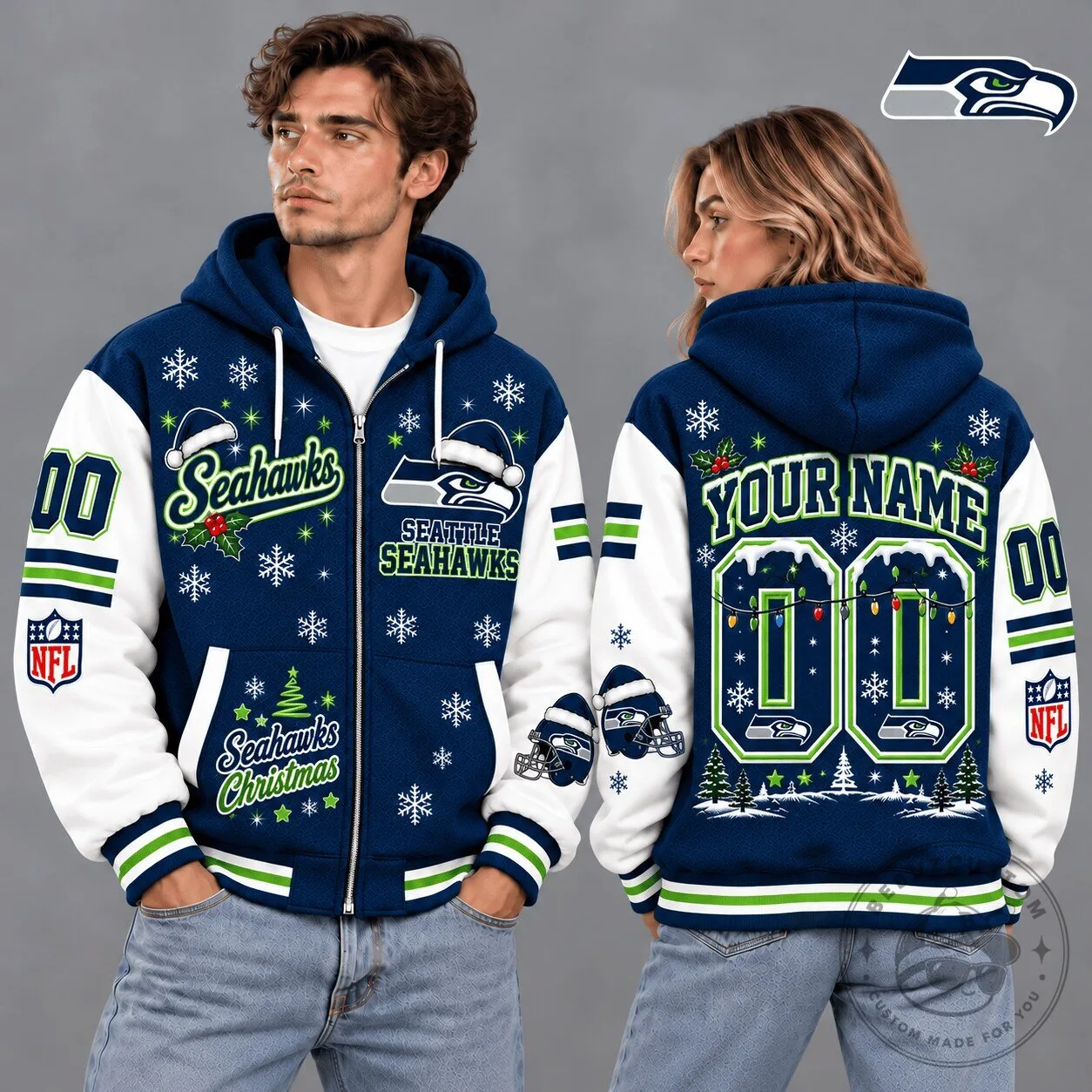 Seattle Seahawks Christmas Snowflake Custom Name Number Zip Hoodie