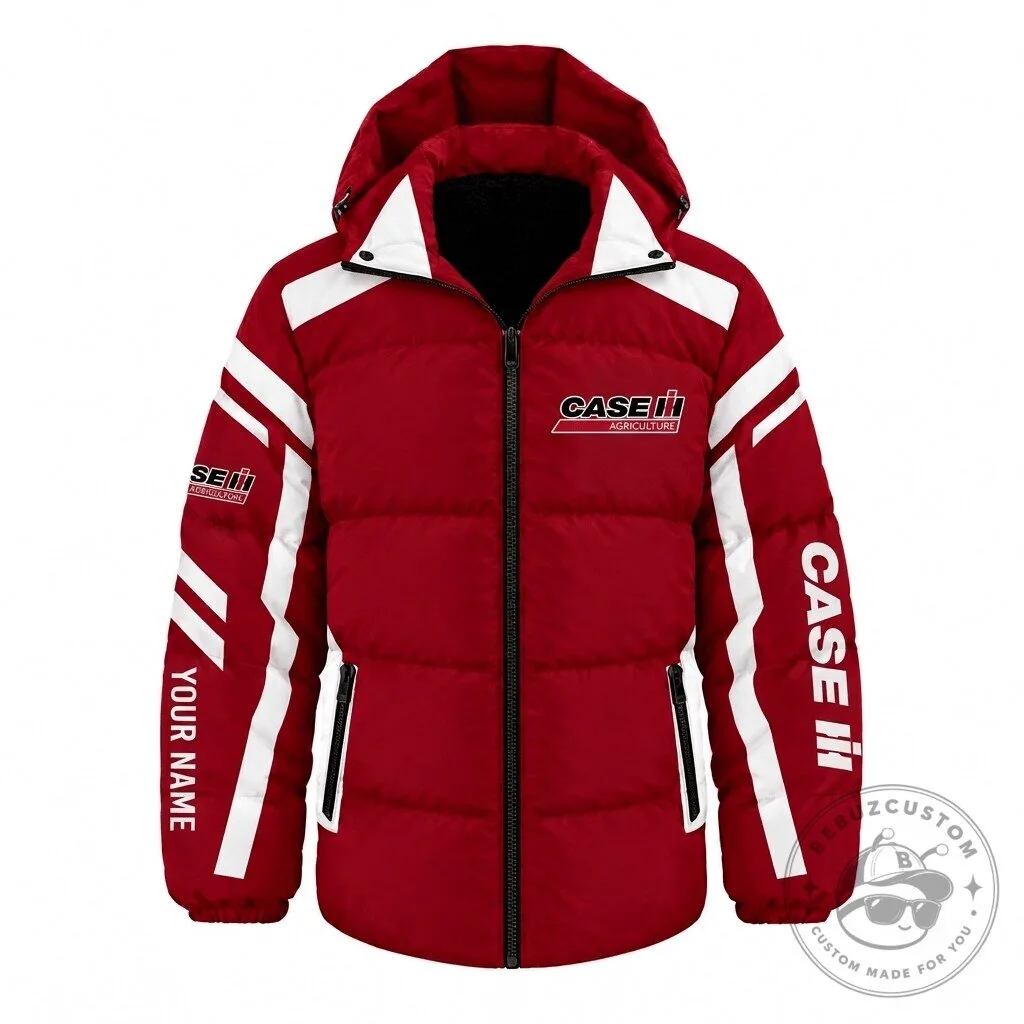 Case IH Agriculture Red and White Puffer Jacket with Custom Name Option