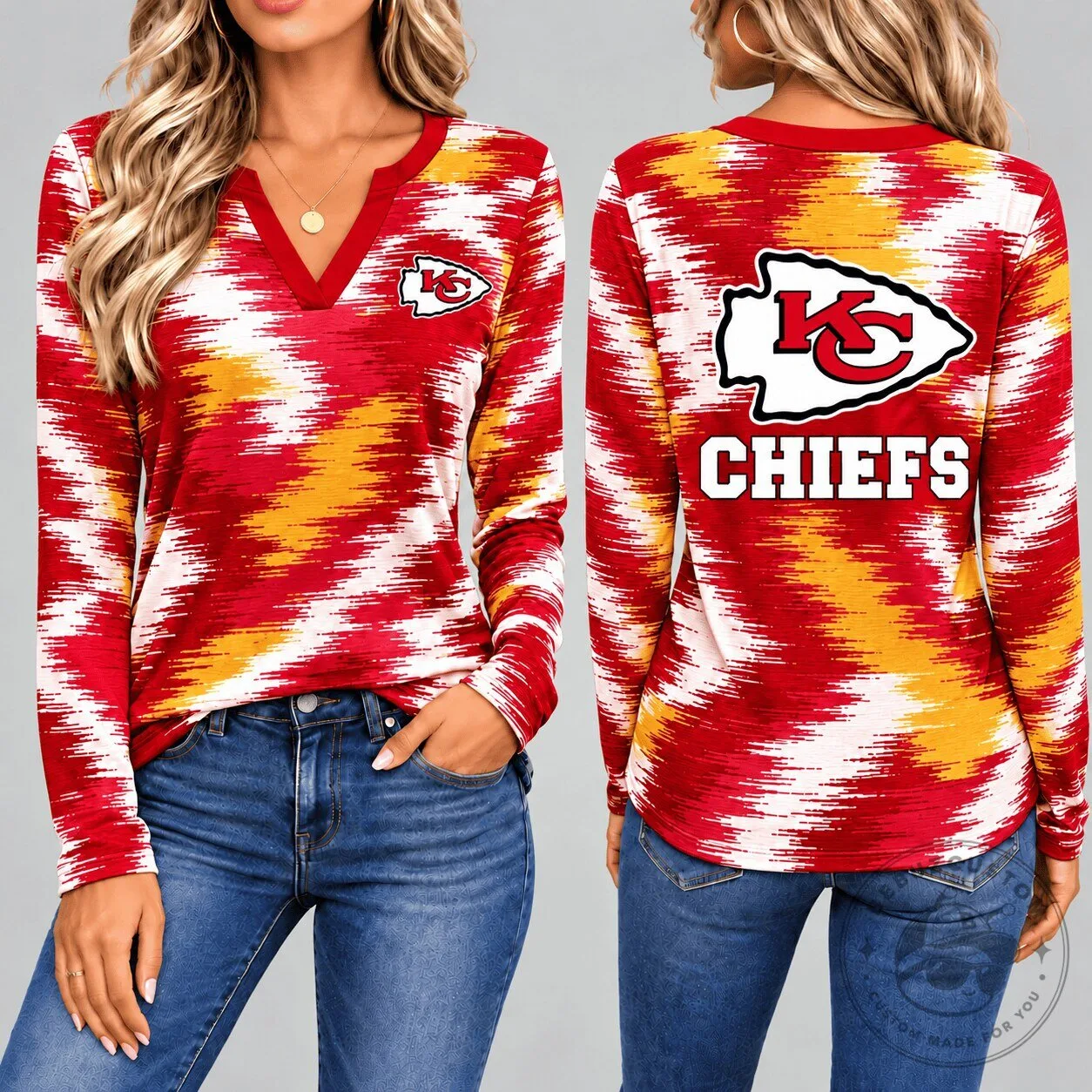 Kansas City Chiefs Dynamic Brushstroke V-Neck Long-Sleeve T-Shirt for Women