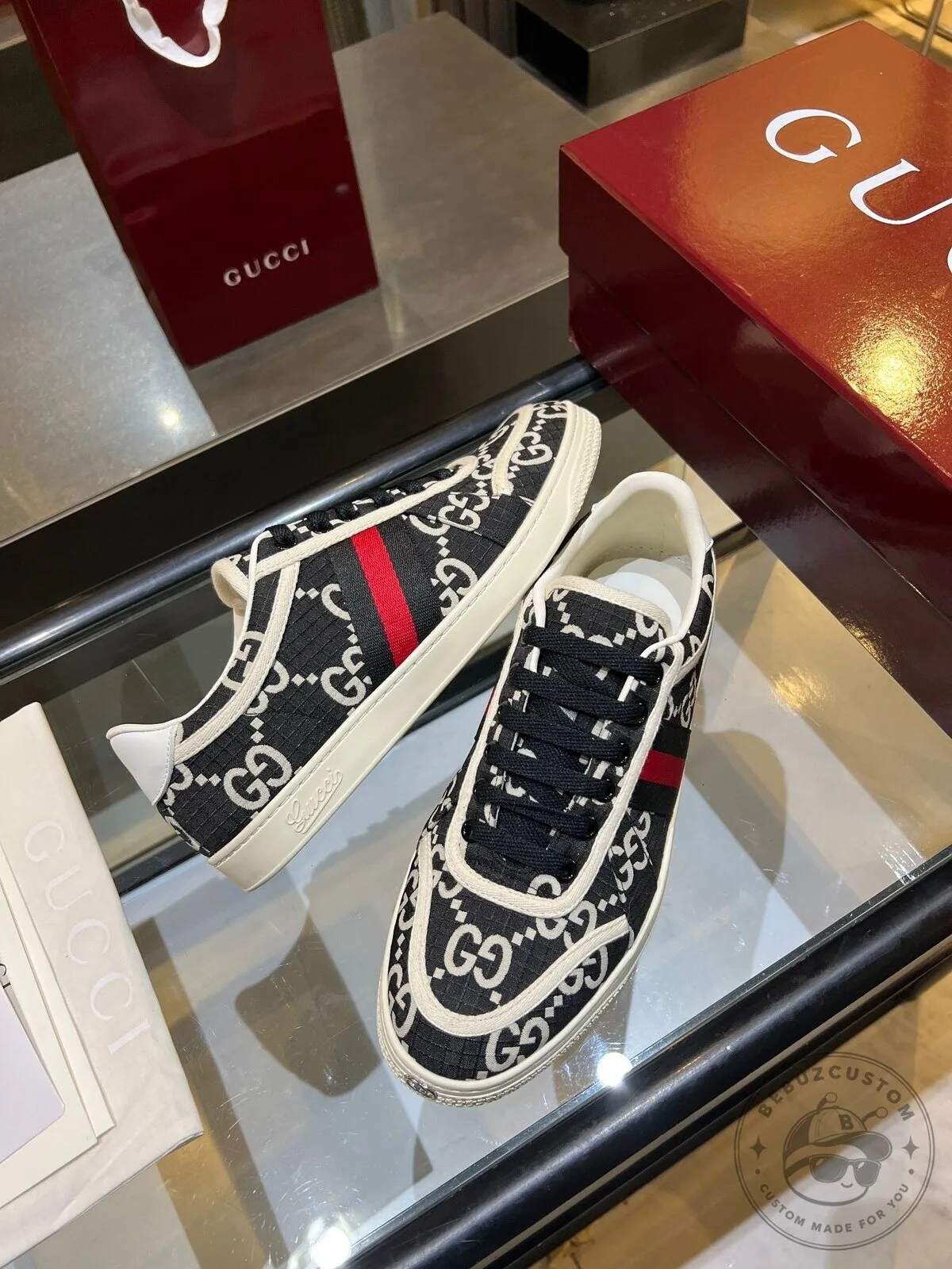 Low Top Sneakers with Red and Green Stripe Detail in Gucci Monogram Canvas 10 Low Top Sneakers with Red and Green Stripe Detail in Gucci Monogram Canvas