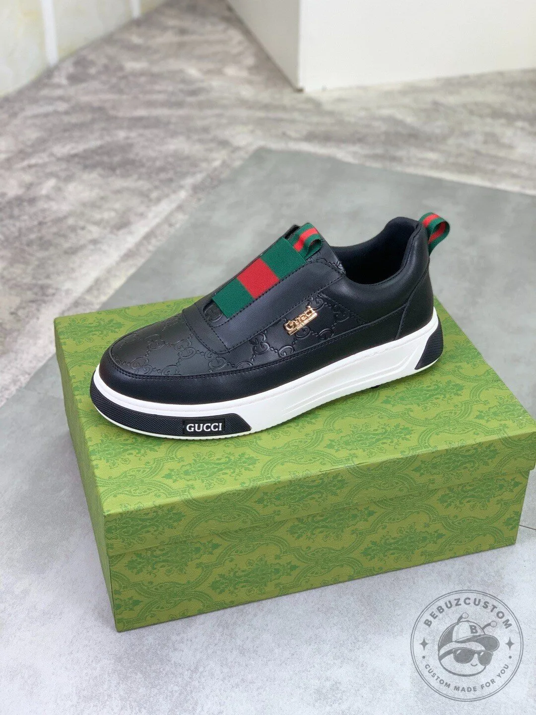 Gucci Black Leather Slip-On Sneakers with Signature Web Stripe Detail 11 Gucci Black Leather Slip-On Sneakers with Signature Web Stripe Detail