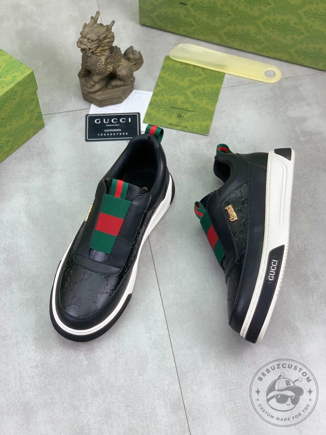 Gucci Black Leather Slip-On Sneakers with Signature Web Stripe Detail 12 Gucci Black Leather Slip-On Sneakers with Signature Web Stripe Detail