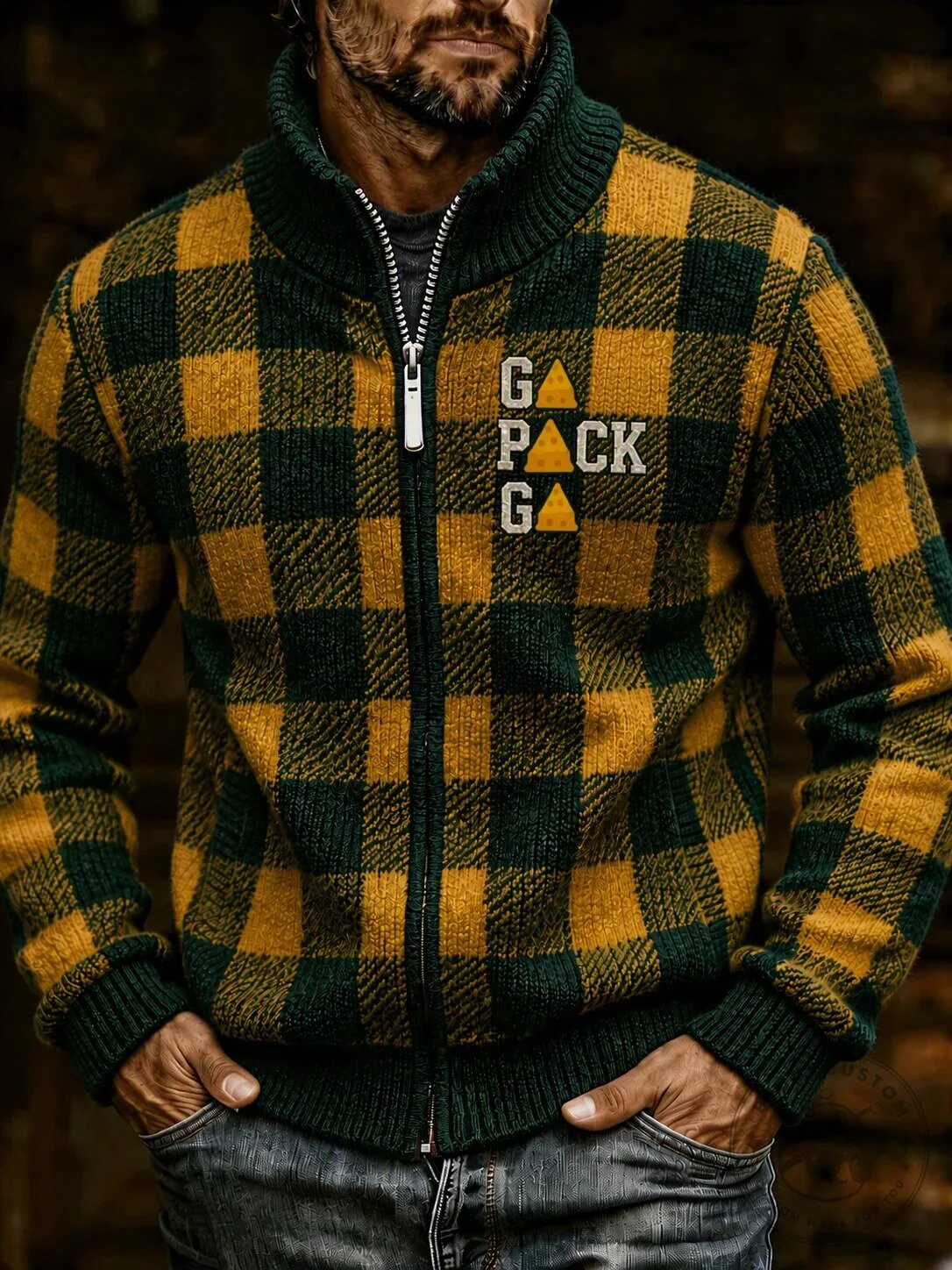 Green Bay Packers Plaid Full-Zip Knitted Sweater Jacket for Men