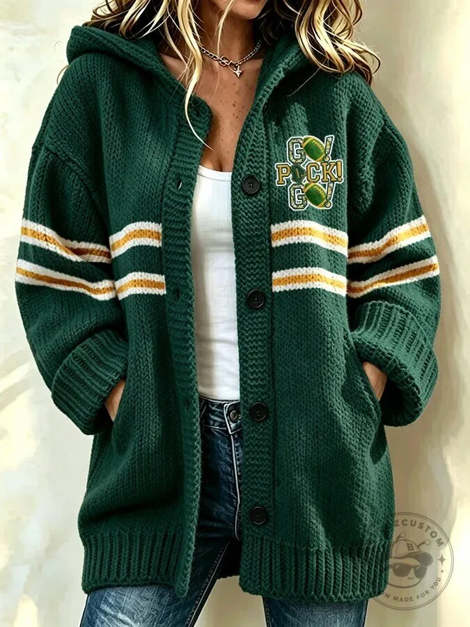 Green Bay Packers Go Pack Go Football Team Striped Knitted Cardigan Sweater