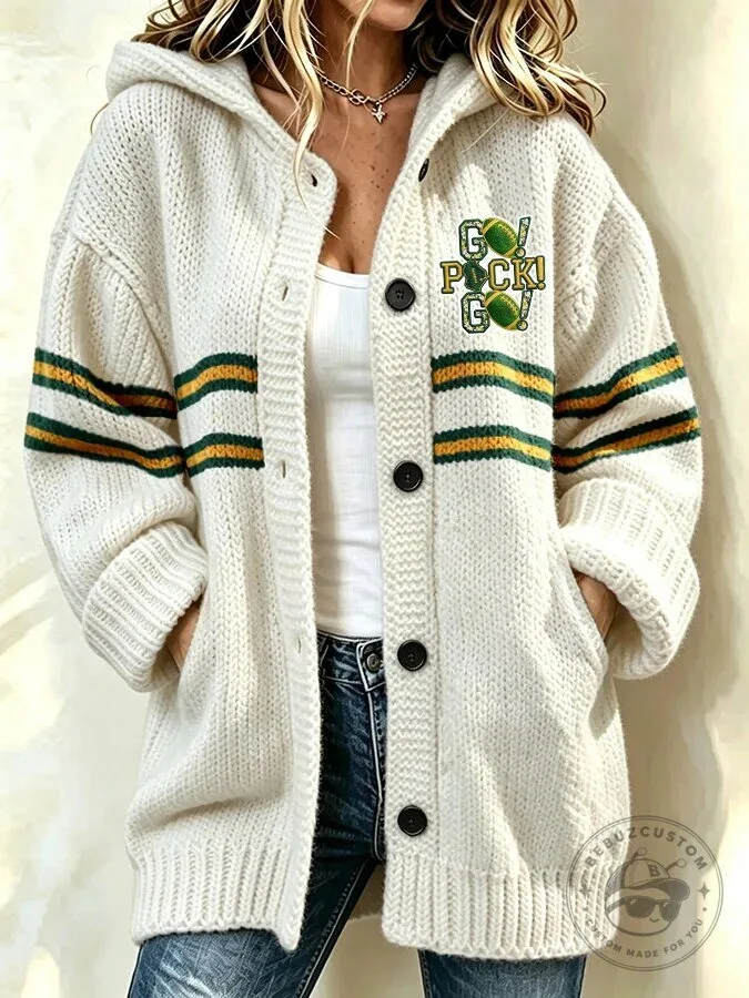 Green Bay Packers Go Pack Go Football Team Striped Knitted Cardigan Sweater 10 Green Bay Packers Go Pack Go Football Team Striped Knitted Cardigan Sweater