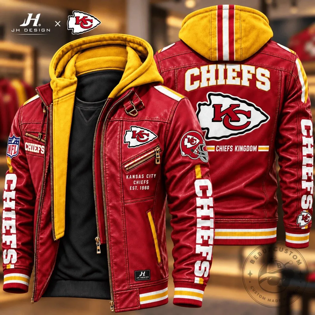 Kansas City Chiefs Hooded Leather Bomber Jacket with Yellow Hoodie Kansas City Chiefs Hooded Leather Bomber Jacket with Yellow Hoodie