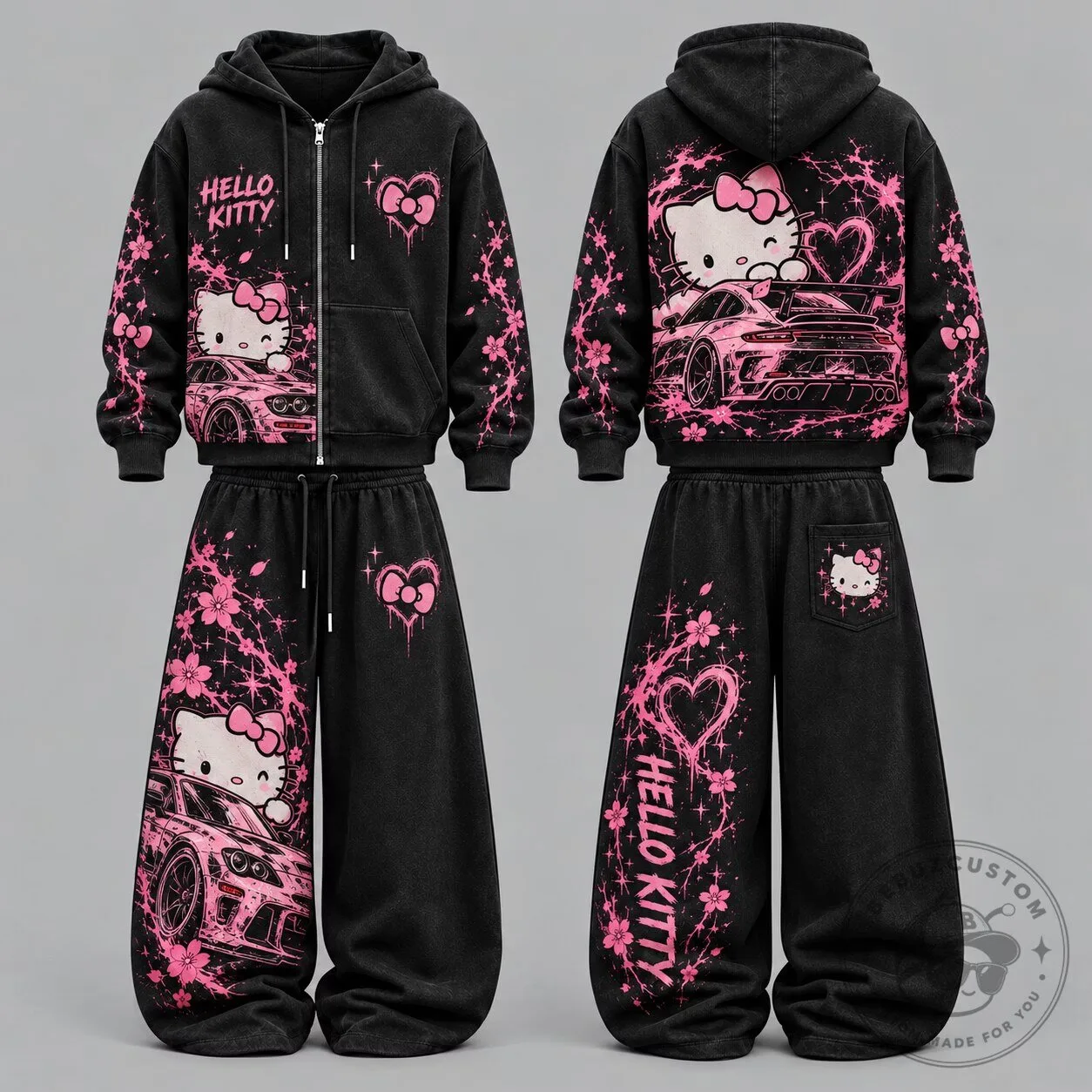 Hello Kitty Pink Street Racing Car Unisex Zip-Up Hoodie