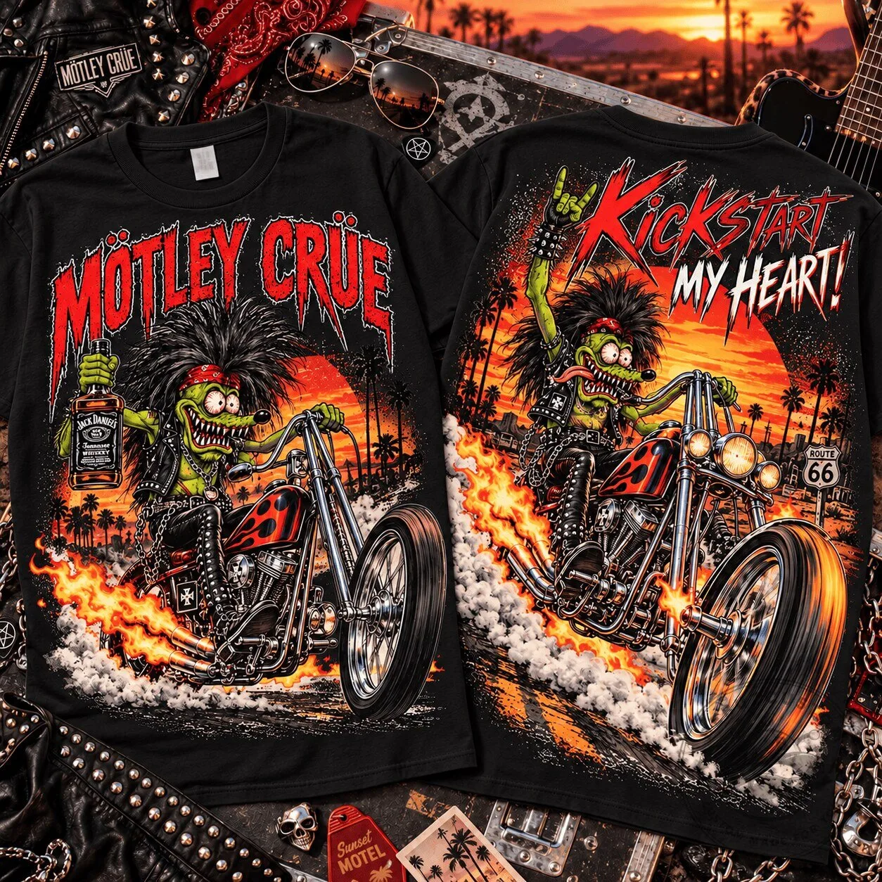 Motley Crue Kickstart My Heart Rat Fink Flaming Chopper Graphic T-Shirt