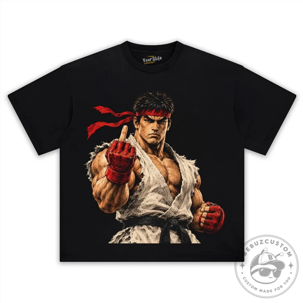 Street Fighter Ryu Middle Finger Funny Gaming Black T-Shirt Street Fighter Ryu Middle Finger Funny Gaming Black T-Shirt