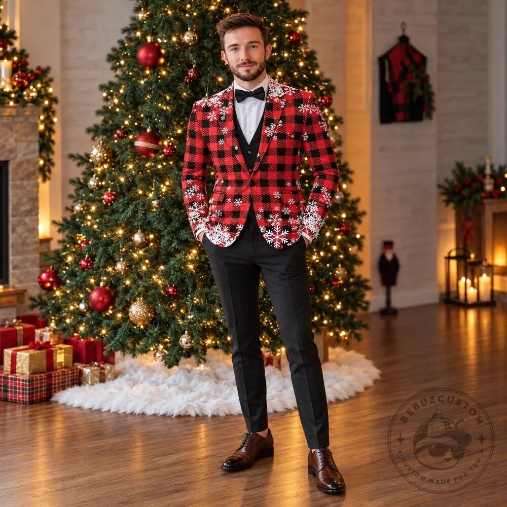 Men's Red and Black Plaid Snowflake Christmas Holiday Blazer Jacket