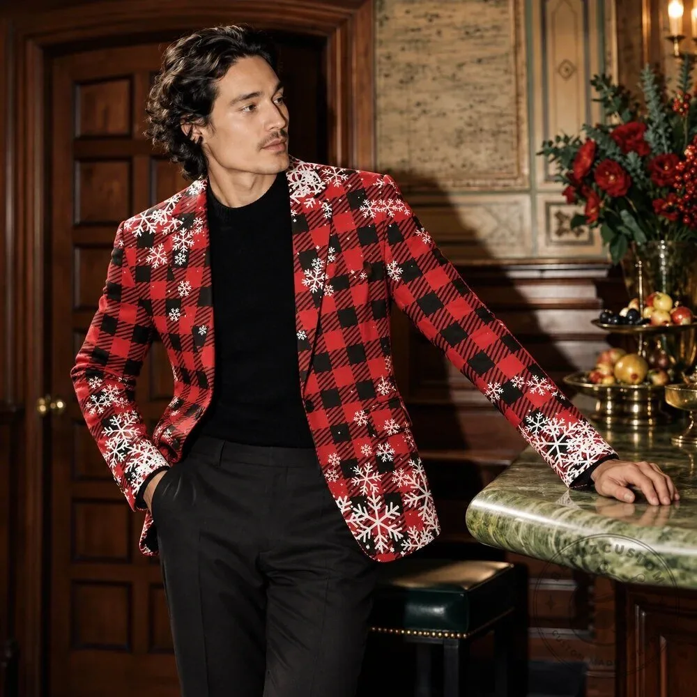 Men's Red and Black Plaid Snowflake Christmas Holiday Blazer Jacket 11 Men