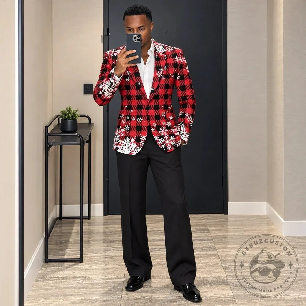 Men's Red and Black Plaid Snowflake Christmas Holiday Blazer Jacket 12 Men