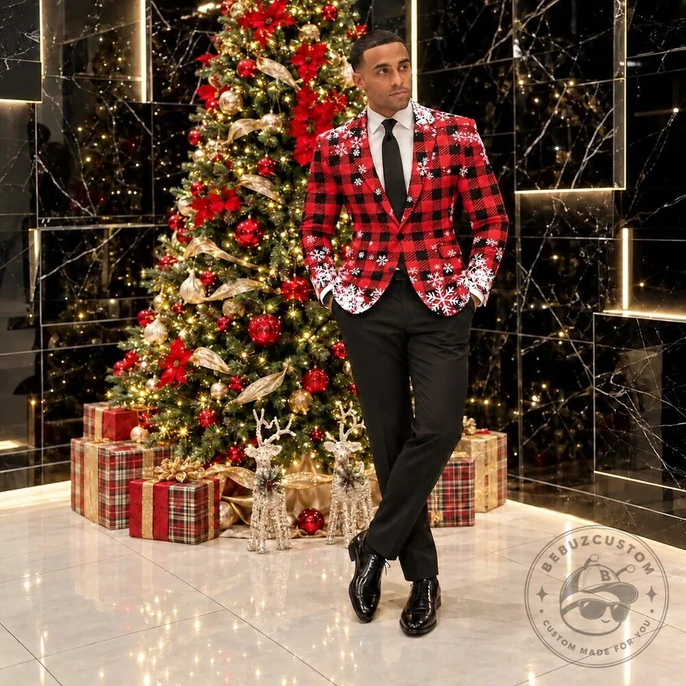Men's Red and Black Plaid Snowflake Christmas Holiday Blazer Jacket 13 Men