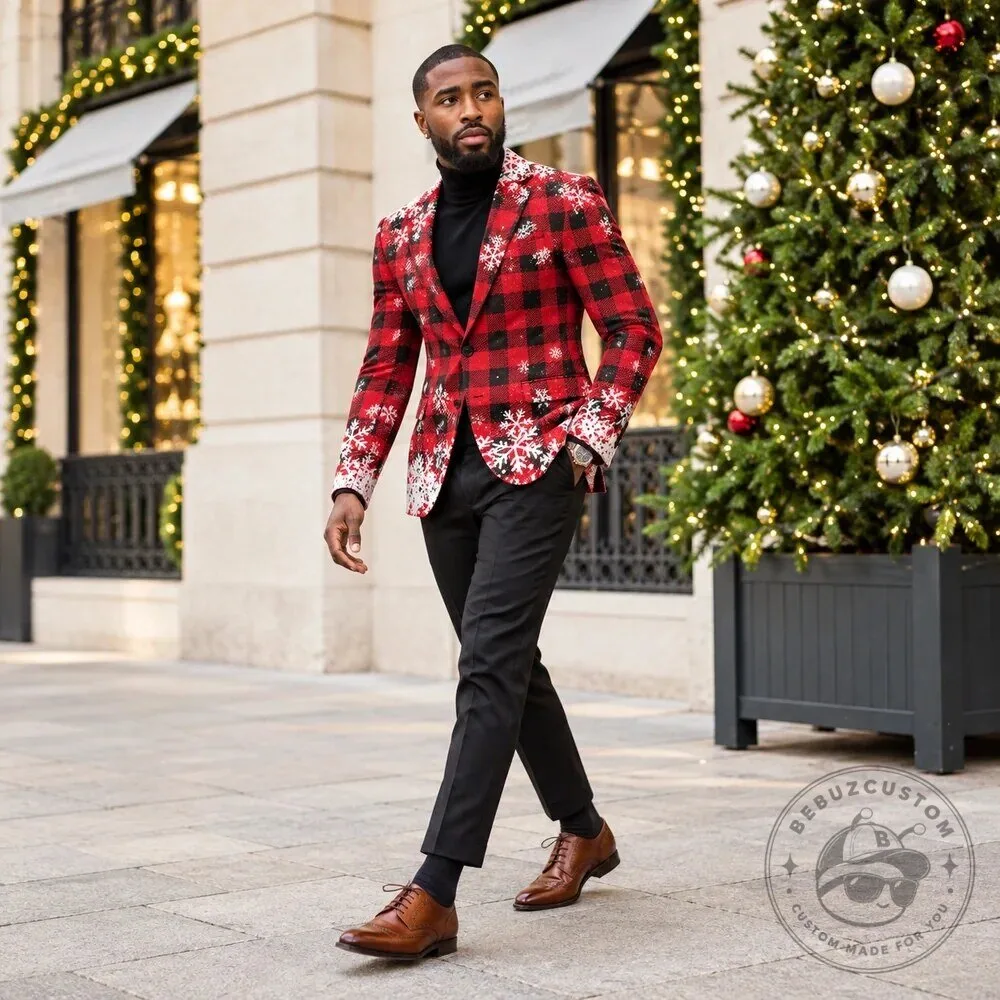 Men's Red and Black Plaid Snowflake Christmas Holiday Blazer Jacket 14 Men