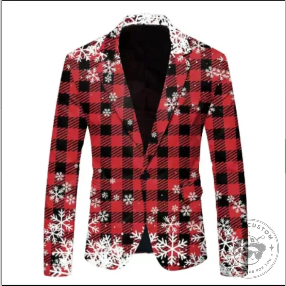 Men's Red and Black Plaid Snowflake Christmas Holiday Blazer Jacket 16 Men